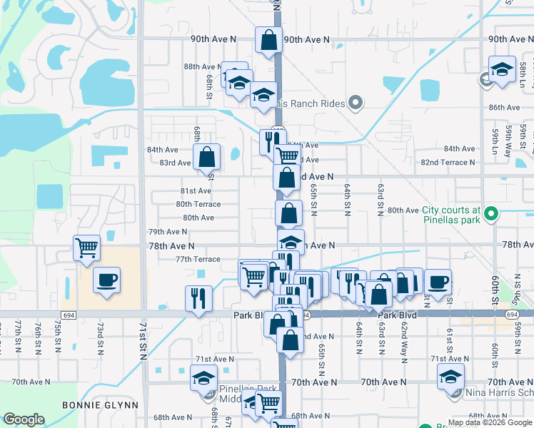 map of restaurants, bars, coffee shops, grocery stores, and more near 7938 66th Lane in Pinellas Park