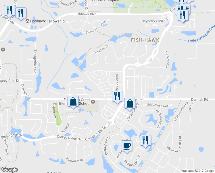 map of restaurants, bars, coffee shops, grocery stores, and more near 16018 Palmettorun Circle in Lithia