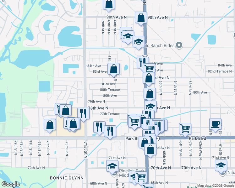 map of restaurants, bars, coffee shops, grocery stores, and more near 6793 80th Avenue in Pinellas Park