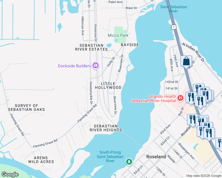 map of restaurants, bars, coffee shops, grocery stores, and more near 9860 Riverview Drive in Sebastian