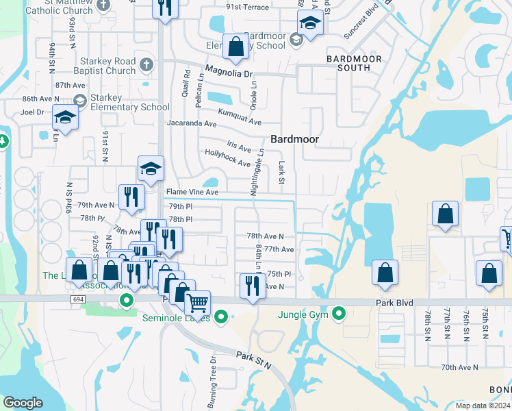 map of restaurants, bars, coffee shops, grocery stores, and more near 849 Nightingale Lane in Seminole