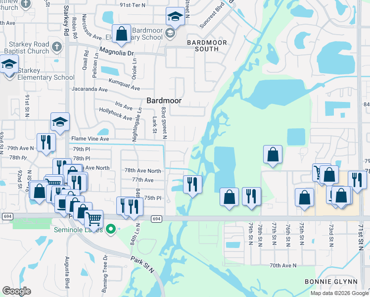 map of restaurants, bars, coffee shops, grocery stores, and more near 7974 Tasso Court in Seminole