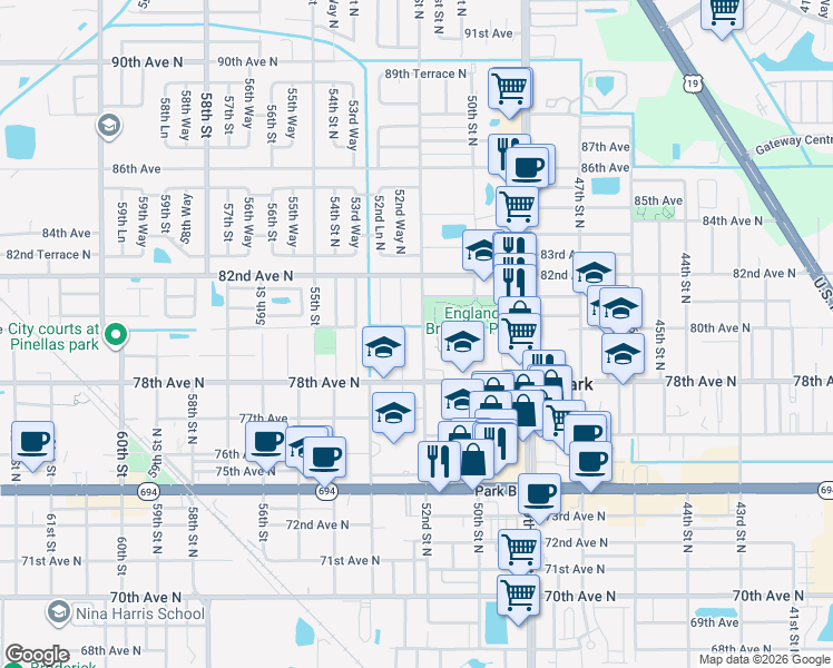 map of restaurants, bars, coffee shops, grocery stores, and more near 7990 52nd Street North in Pinellas Park