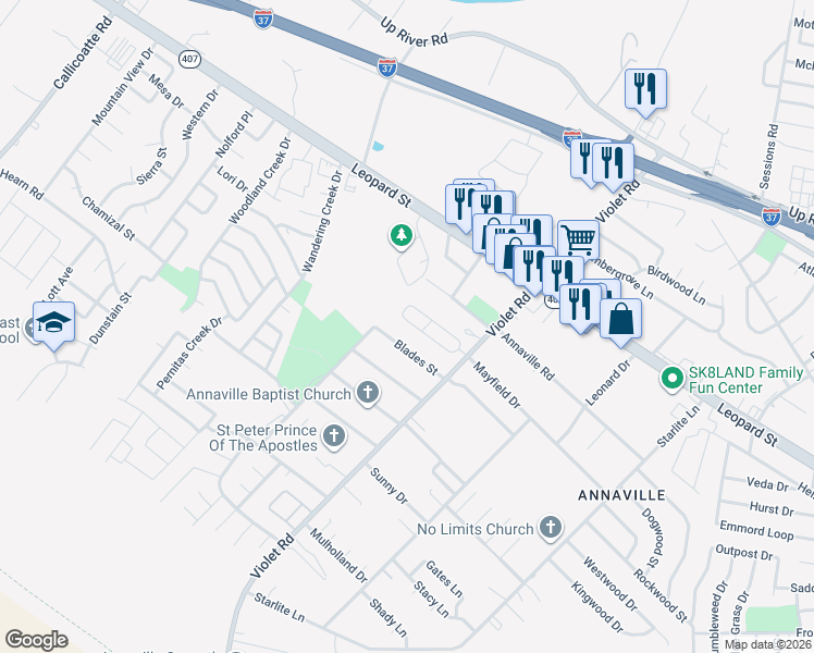 map of restaurants, bars, coffee shops, grocery stores, and more near 46 Phillips Circle in Corpus Christi