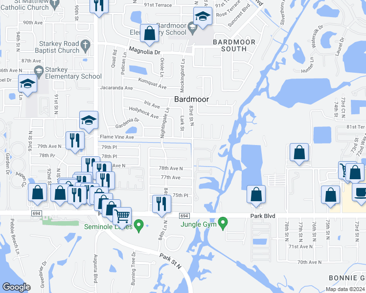 map of restaurants, bars, coffee shops, grocery stores, and more near 8353 79th Avenue North in Seminole