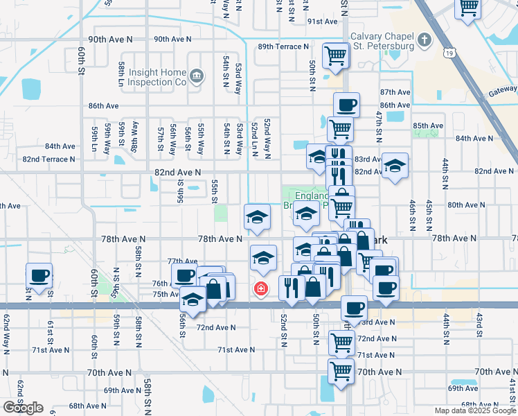 map of restaurants, bars, coffee shops, grocery stores, and more near 7991 52nd Lane North in Pinellas Park
