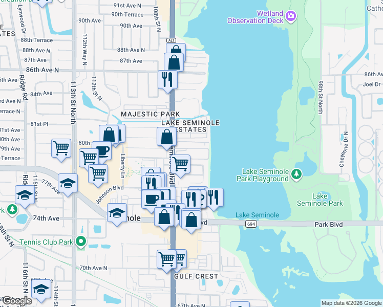 map of restaurants, bars, coffee shops, grocery stores, and more near 7903 Seminole Boulevard in Seminole