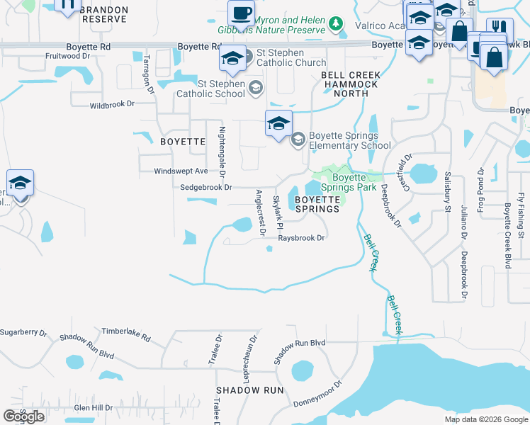 map of restaurants, bars, coffee shops, grocery stores, and more near 10512 Anglecrest Drive in Riverview
