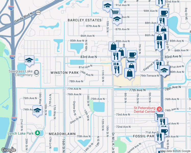 map of restaurants, bars, coffee shops, grocery stores, and more near 1230 79th Avenue North in St. Petersburg