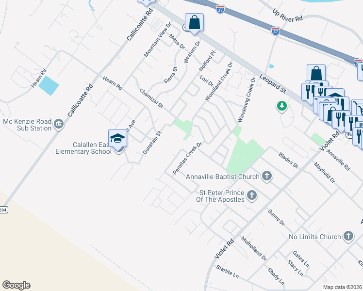 map of restaurants, bars, coffee shops, grocery stores, and more near 11638 Flagstone Creek Drive in Corpus Christi