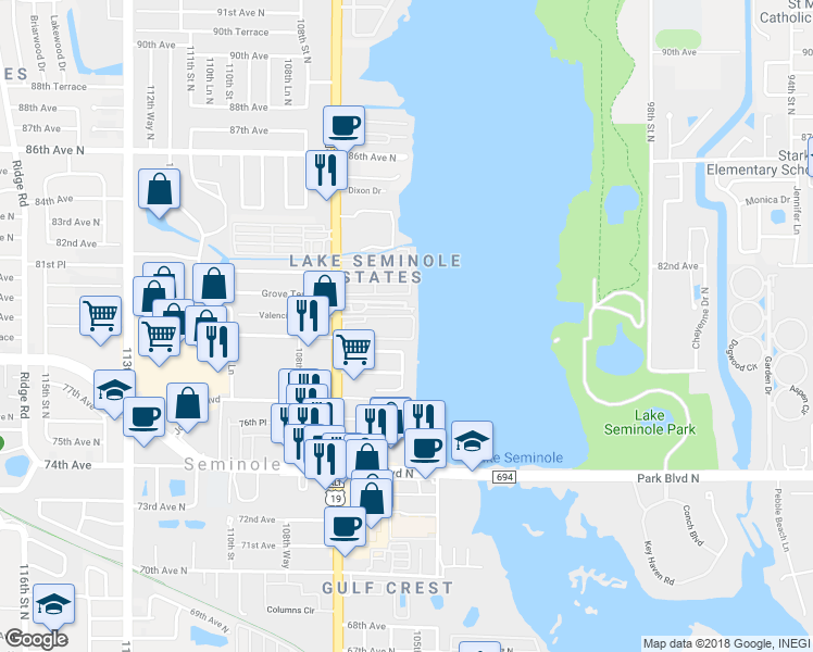 map of restaurants, bars, coffee shops, grocery stores, and more near 7905 Seminole Boulevard in Seminole