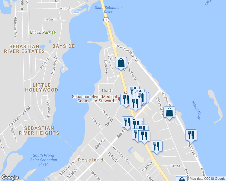map of restaurants, bars, coffee shops, grocery stores, and more near 4290 141st Street in Sebastian