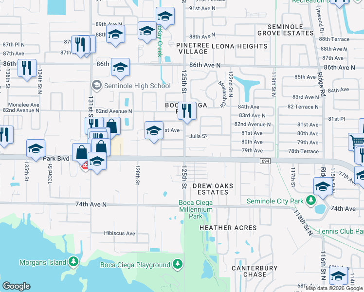 map of restaurants, bars, coffee shops, grocery stores, and more near 7900 125th Street in Seminole