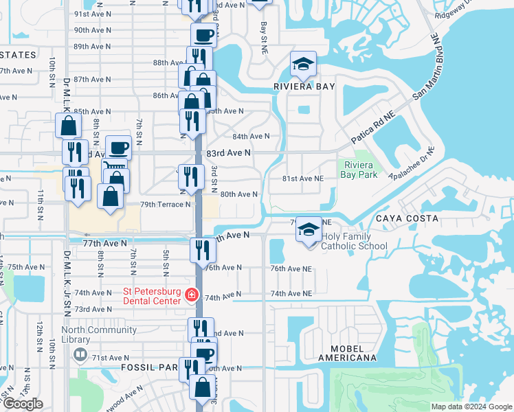 map of restaurants, bars, coffee shops, grocery stores, and more near 7931 79th Avenue North in St. Petersburg