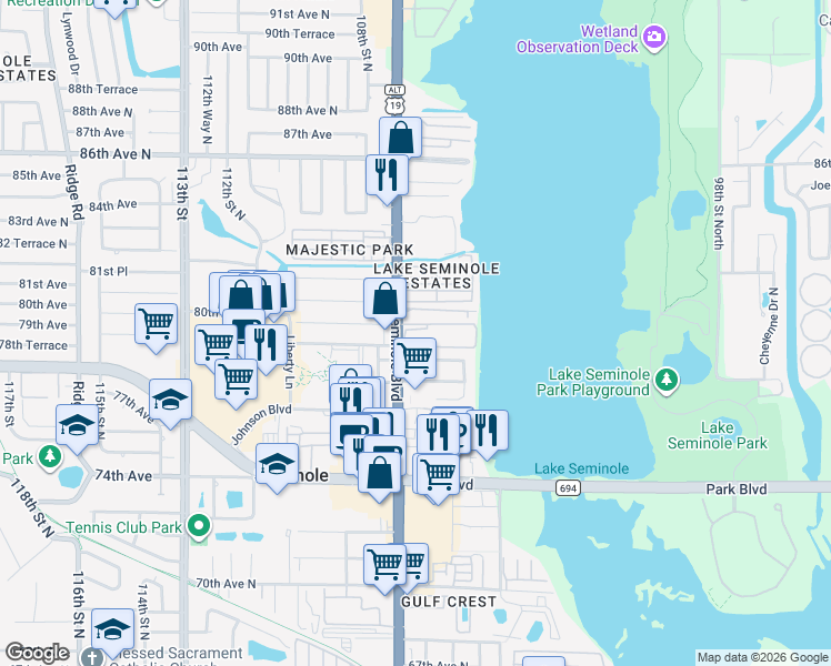 map of restaurants, bars, coffee shops, grocery stores, and more near 7901 Seminole Boulevard in Seminole