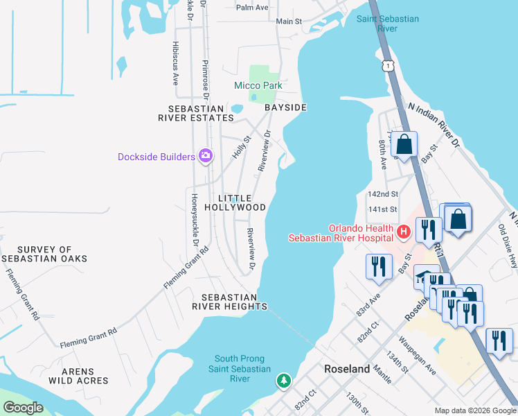 map of restaurants, bars, coffee shops, grocery stores, and more near 9860 Riverview Drive in Sebastian