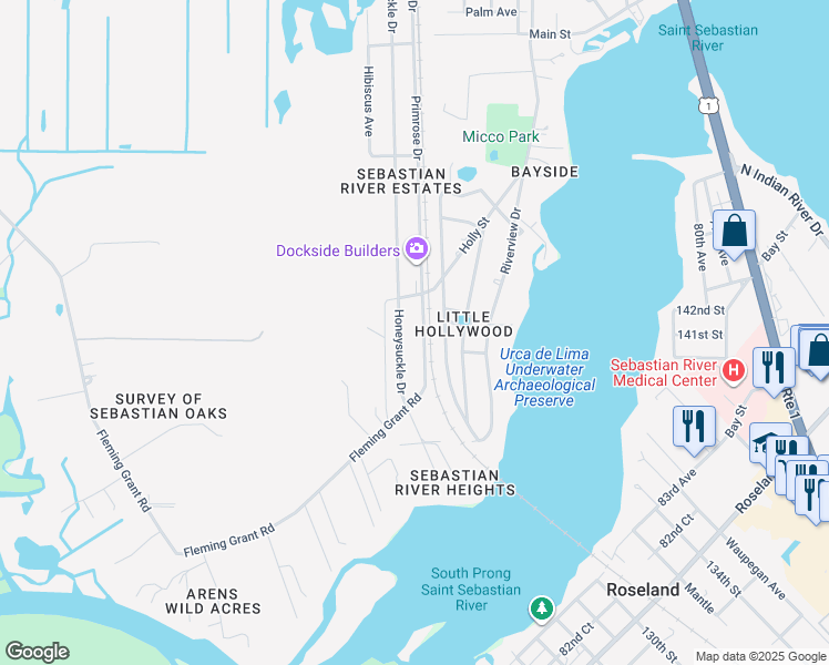 map of restaurants, bars, coffee shops, grocery stores, and more near 9870 Primrose Drive in Micco