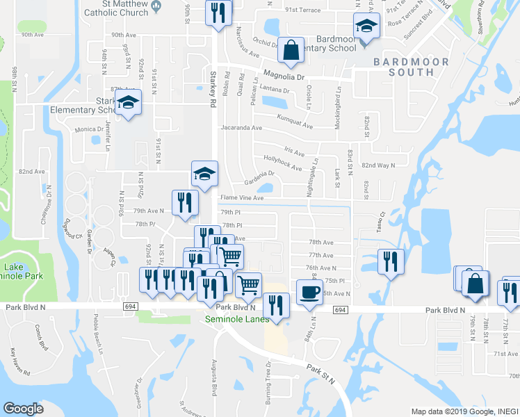 map of restaurants, bars, coffee shops, grocery stores, and more near 8691 79th Place in Seminole