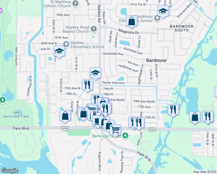 map of restaurants, bars, coffee shops, grocery stores, and more near 8805 79th Place in Seminole