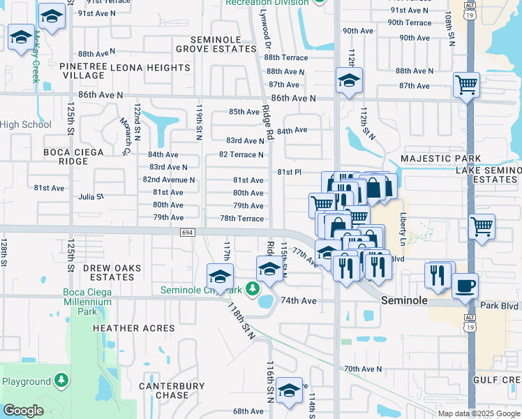 map of restaurants, bars, coffee shops, grocery stores, and more near 11630 79th Avenue in Seminole