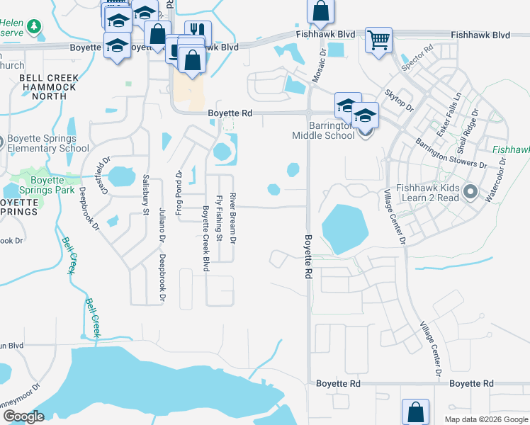 map of restaurants, bars, coffee shops, grocery stores, and more near 13807 Gentle Woods Avenue in Riverview