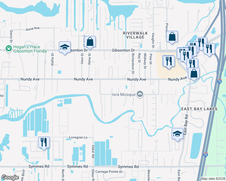 map of restaurants, bars, coffee shops, grocery stores, and more near 8270 Richmond Street in Gibsonton