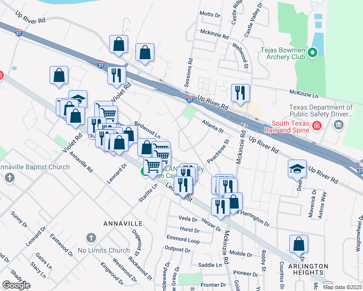 map of restaurants, bars, coffee shops, grocery stores, and more near 3108 Vicksburg Street in Corpus Christi