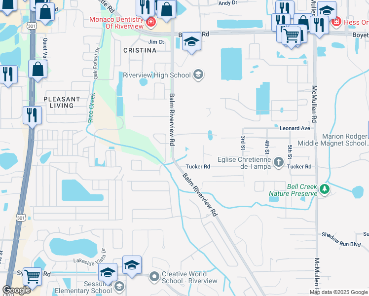 map of restaurants, bars, coffee shops, grocery stores, and more near 10806 Balm Riverview Road in Riverview