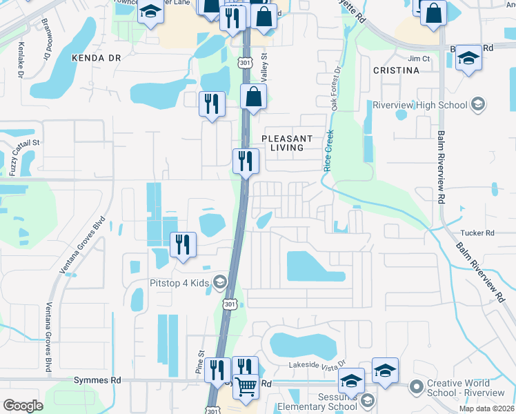 map of restaurants, bars, coffee shops, grocery stores, and more near 10707-10711 Fern Creek Cir in Riverview