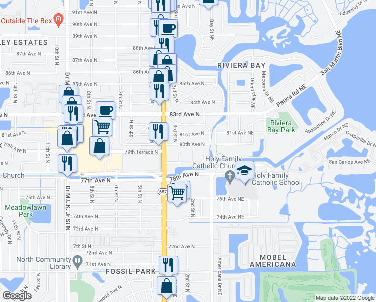 map of restaurants, bars, coffee shops, grocery stores, and more near 7962 2nd Way North in Saint Petersburg