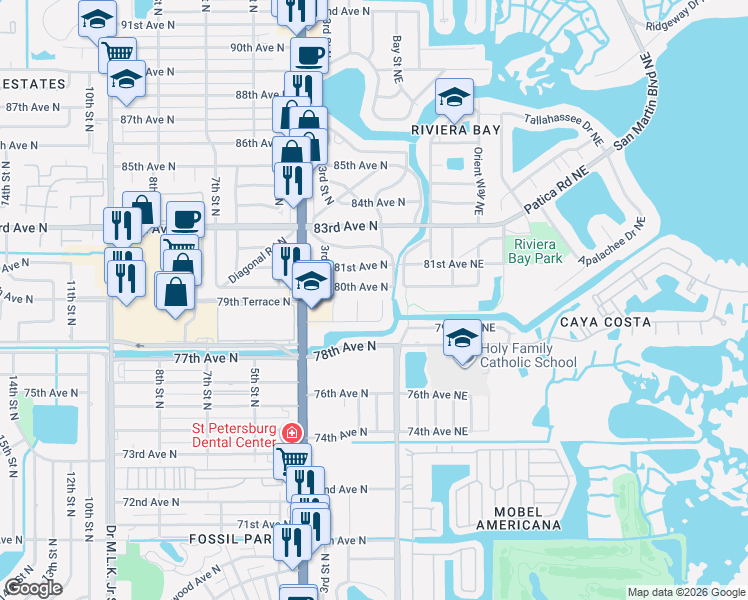 map of restaurants, bars, coffee shops, grocery stores, and more near 7931 2nd Street North in St. Petersburg