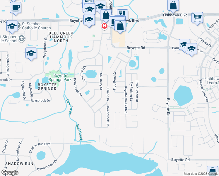 map of restaurants, bars, coffee shops, grocery stores, and more near 10526 Juliano Drive in Riverview