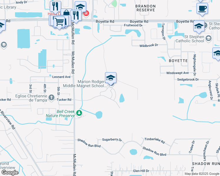 map of restaurants, bars, coffee shops, grocery stores, and more near 11910 Tucker Road in Riverview