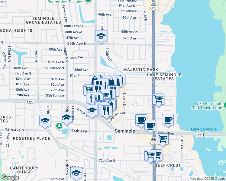 map of restaurants, bars, coffee shops, grocery stores, and more near 8100 113th Street in Seminole