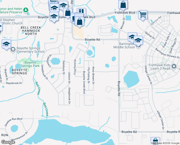 map of restaurants, bars, coffee shops, grocery stores, and more near 10432 Fly Fishing Street in Riverview