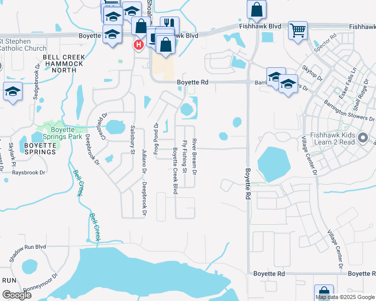 map of restaurants, bars, coffee shops, grocery stores, and more near 10426 Fly Fishing Street in Riverview