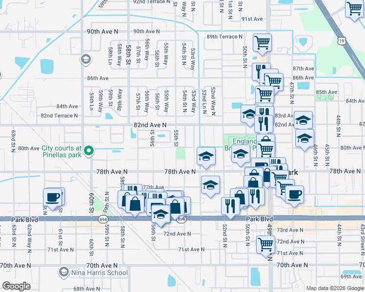 map of restaurants, bars, coffee shops, grocery stores, and more near 8000 54th Street North in Pinellas Park