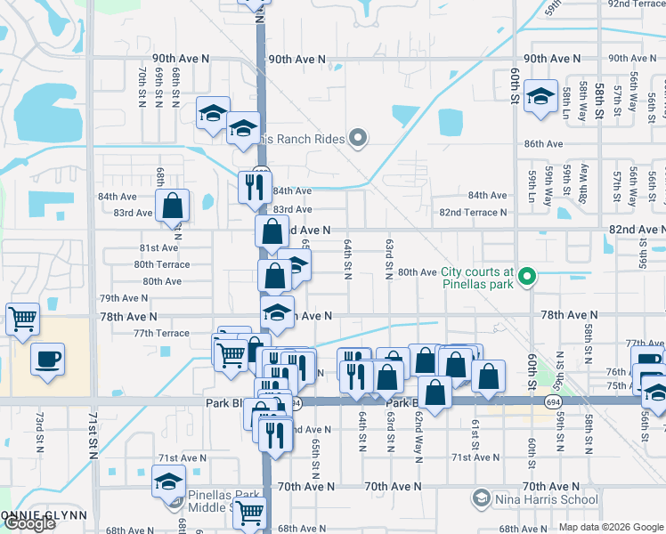 map of restaurants, bars, coffee shops, grocery stores, and more near 6416 80th Avenue in Pinellas Park