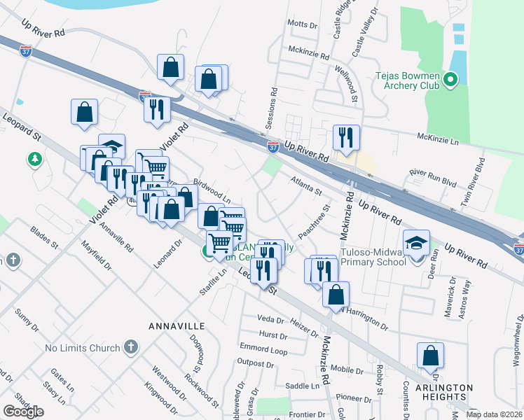 map of restaurants, bars, coffee shops, grocery stores, and more near 3108 Vicksburg Street in Corpus Christi