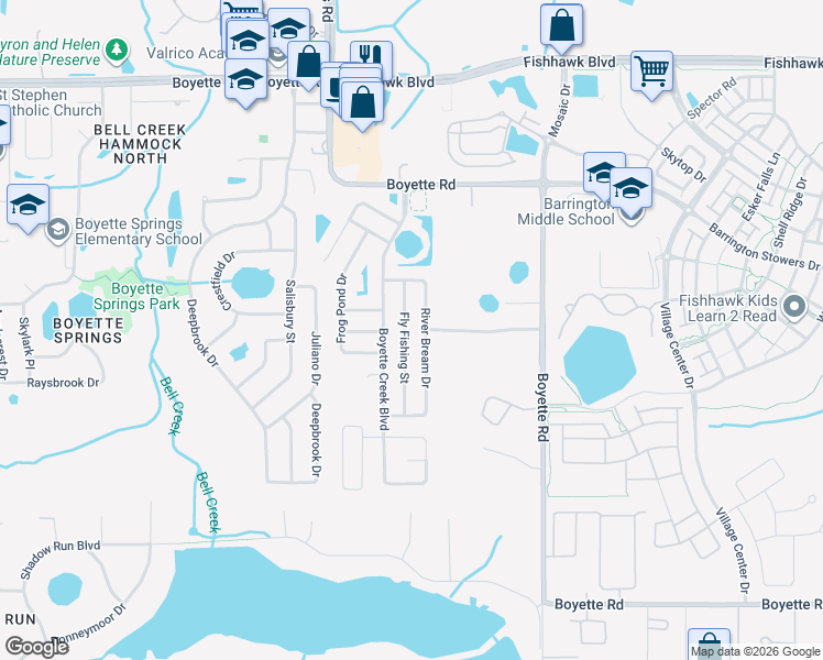 map of restaurants, bars, coffee shops, grocery stores, and more near 10432 Fly Fishing Street in Riverview