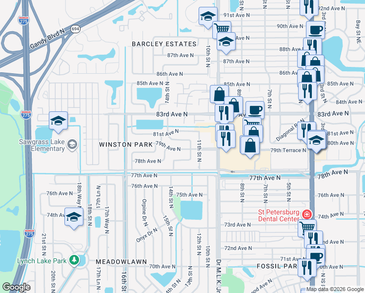 map of restaurants, bars, coffee shops, grocery stores, and more near 1230 79th Avenue North in St. Petersburg