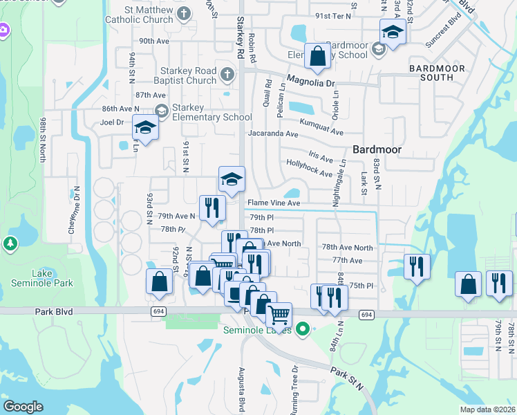 map of restaurants, bars, coffee shops, grocery stores, and more near 8805 79th Place in Seminole