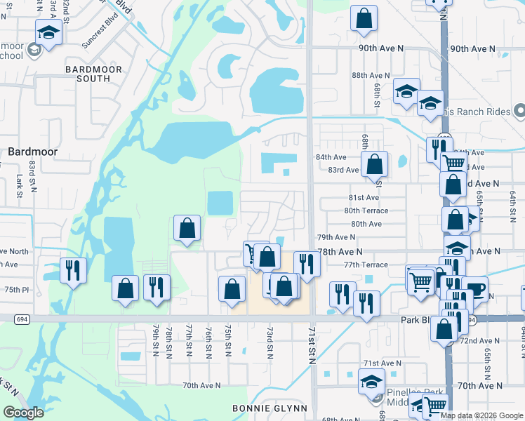 map of restaurants, bars, coffee shops, grocery stores, and more near 7327 80th Avenue in Pinellas Park