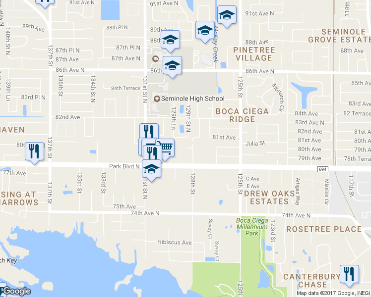 map of restaurants, bars, coffee shops, grocery stores, and more near 13772 80th Avenue in Seminole