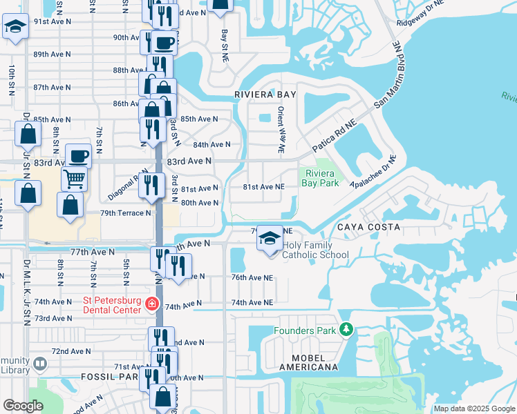 map of restaurants, bars, coffee shops, grocery stores, and more near 322 80th Avenue Northeast in St. Petersburg
