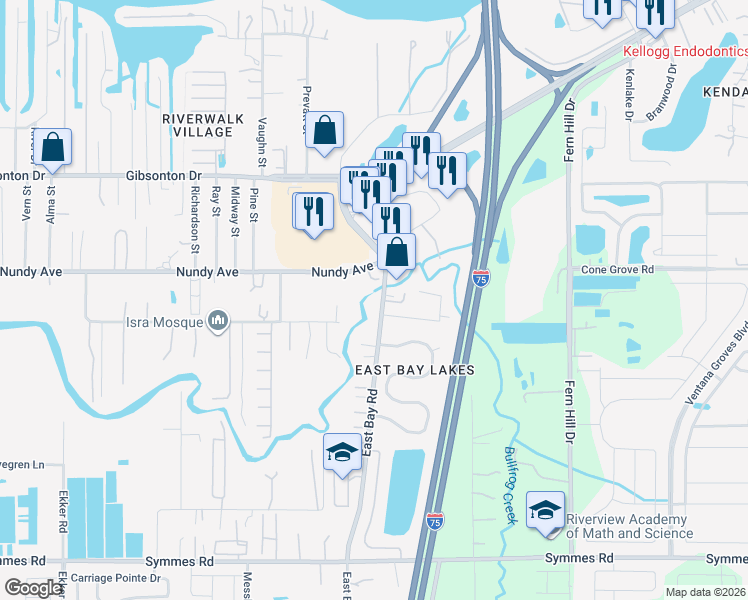 map of restaurants, bars, coffee shops, grocery stores, and more near 10733 East Bay Road in Gibsonton