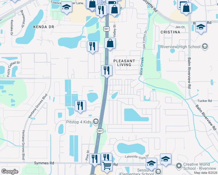 map of restaurants, bars, coffee shops, grocery stores, and more near 10707 Fern Creek Circle in Riverview
