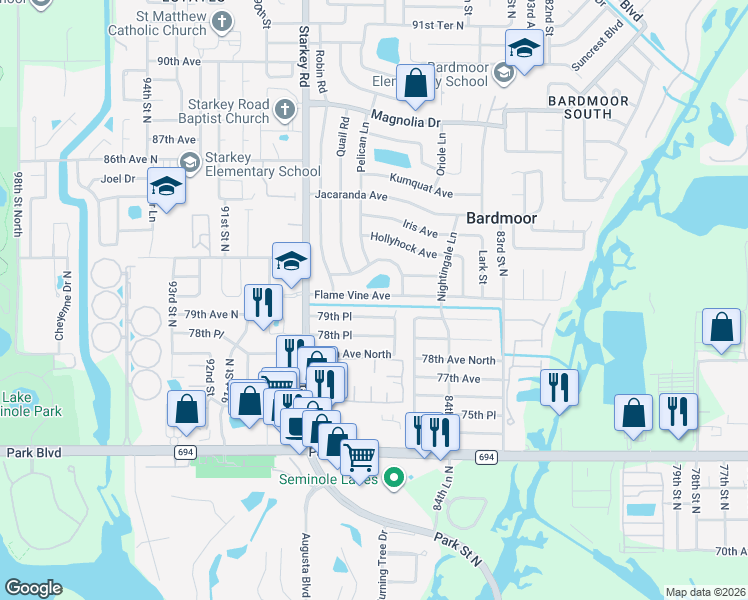 map of restaurants, bars, coffee shops, grocery stores, and more near 8600 Flame Vine Avenue in Seminole