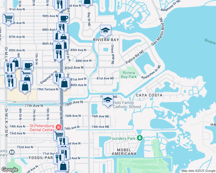 map of restaurants, bars, coffee shops, grocery stores, and more near 322 80th Avenue Northeast in St. Petersburg