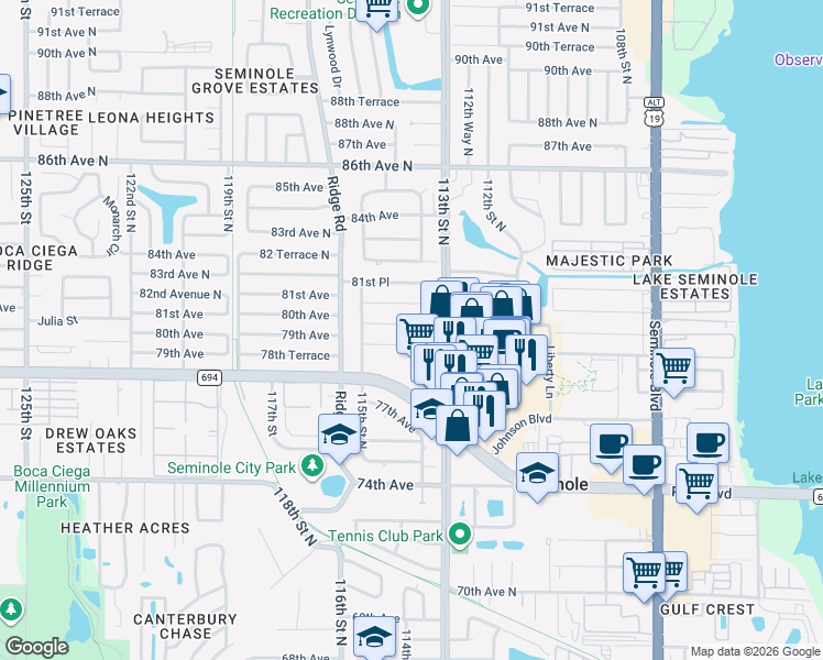 map of restaurants, bars, coffee shops, grocery stores, and more near 11382 80th Avenue in Seminole
